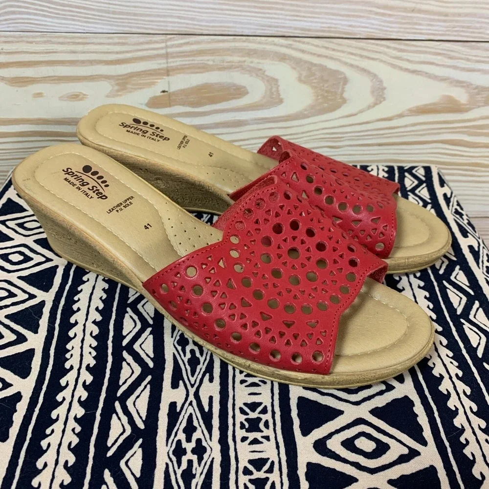 Spring Step Sandals US 10‎ Red Leather Laser Cut Wedges Italy EU 41 Tomato Girl